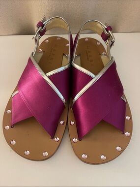 Marni Magenta Satin Crisscross Studded Slingback Sandals with Silver Trim sz 37